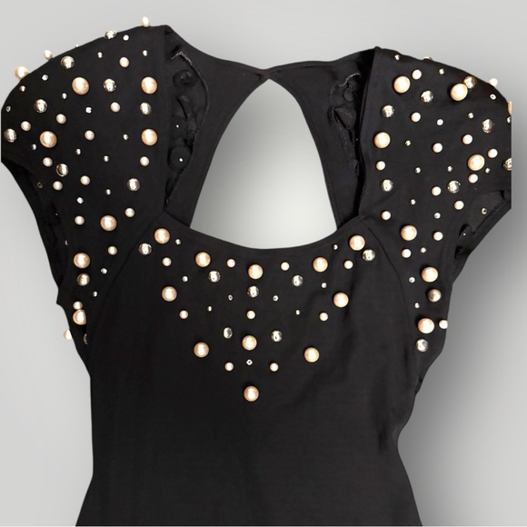 Vintage 1980s Eletra Casadei Pearl & Rhinestone Mini Black Dress -  Size Medium - Picture 3 of 10
